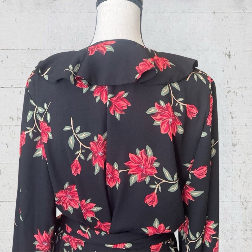 Draper James Black Floral Long Sleeve Ruffle Midi Wrap Dress Size XL Feminine - Picture 8 of 13